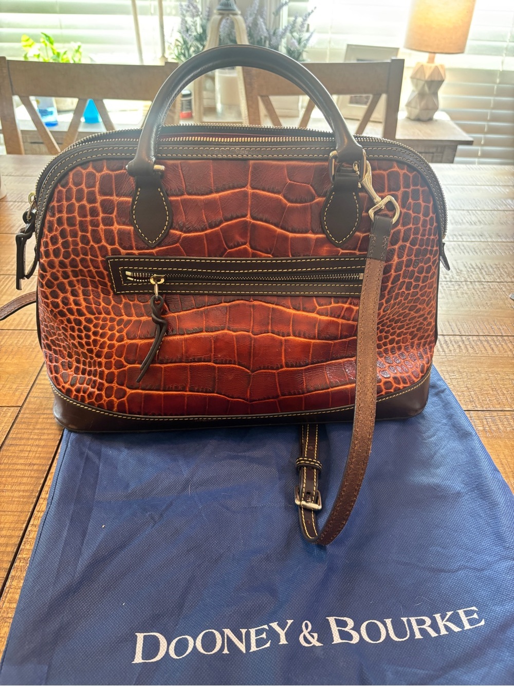 Dooney & Bourke Croc-Embossed Brown Dome Satchel with Gold Hardware - Picture 3 of 6